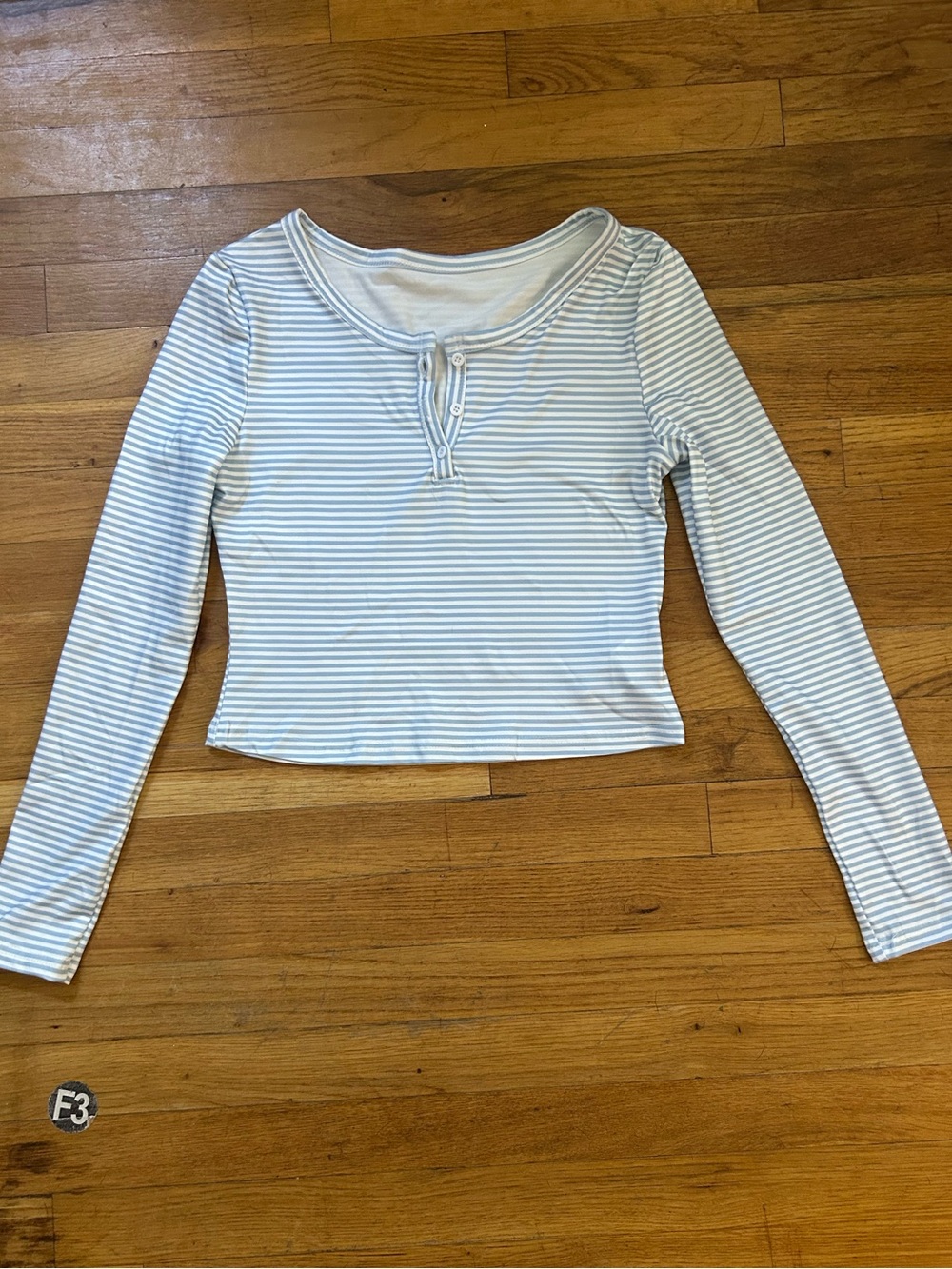 SHEIN Light Blue & White Striped Long-Sleeve Cropped Henley Top